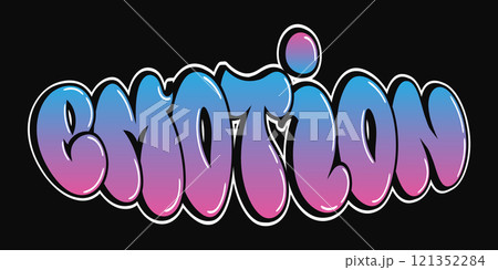 Emotion - single word, letters graffiti style. Vector hand drawn logo. Funny cool trippy word Emotion, fashion, graffiti style print t-shirt, poster concept Emotion - single word, letters graffiti style. Vector hand drawn logo. Funny cool trippy word Emotion, fashion, graffiti style print t-shirt, poster concept 121352284