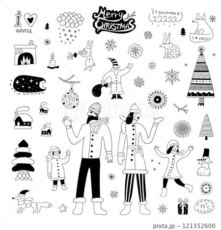 Happy family winter season snowy weather doodles , hand drawn isolated vector elements Happy family winter season snowy weather doodles , hand drawn isolated vector elements 121352600