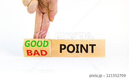 Good or bad point symbol. Concept words Good point Bad point on beautiful wooden blocks. Beautiful white table white background. Businessman hand. Business good bad point concept. Copy space Good or bad point symbol. Concept words Good point Bad point on beautiful wooden blocks. Beautiful white table white background. Businessman hand. Business good bad point concept. Copy space 121352709