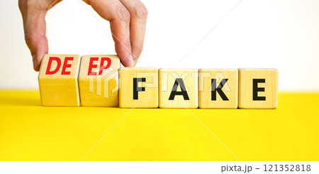 Deepfake or fake symbol. Concept words Fake Deepfake on wooden cubes. Beautiful yellow table white background. Businessman hand. Business and deepfake or fake concept. Copy space. Deepfake or fake symbol. Concept words Fake Deepfake on wooden cubes. Beautiful yellow table white background. Businessman hand. Business and deepfake or fake concept. Copy space. 121352818