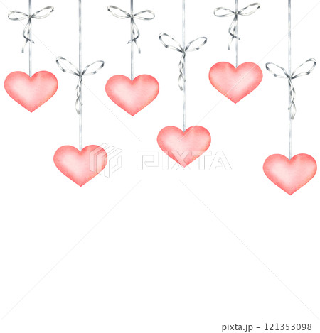 Pink hearts hanging on gray ribbons with bows. Hand drawn watercolor illustration of pendant element on isolated background. Great for valentine day cards, party posters, Invitations and flyers. Pink hearts hanging on gray ribbons with bows. Hand drawn watercolor illustration of pendant element on isolated background. Great for valentine day cards, party posters, Invitations and flyers. 121353098