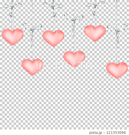 Pink hearts hanging on gray ribbons with bows. Hand drawn watercolor illustration of pendant element on isolated background. Great for valentine day cards, party posters, Invitations and flyers. Pink hearts hanging on gray ribbons with bows. Hand drawn watercolor illustration of pendant element on isolated background. Great for valentine day cards, party posters, Invitations and flyers. 121353098