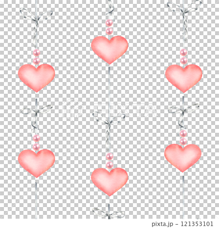 Seamless pattern of Valentines day pink hearts hanging on gray ribbons with bows and beads. Hand drawn watercolor illustration on white background. For packaging, fabric, wrapping paper, wallpaper. 121353101