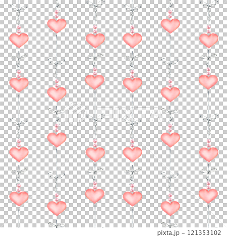 Seamless pattern of Valentines day pink hearts hanging on gray ribbons with bows and beads. Hand drawn watercolor illustration on white background. For packaging, fabric, wrapping paper, wallpaper. 121353102