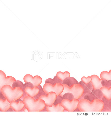 Pink hearts frame. Hand drawn watercolor illustration of Valentine's Day decor on isolated background. Postcard backdrop. Random heart marriage symbols. Great for cards, party Invitations and flyers. Pink hearts frame. Hand drawn watercolor illustration of Valentine's Day decor on isolated background. Postcard backdrop. Random heart marriage symbols. Great for cards, party Invitations and flyers. 121353103