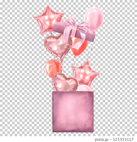 Heart and star shaped balloons fly out of gift box. Cute watercolor illustration of present on isolated background. Valentine's day design. Romantic drawing for posters, cards, party, cover, promotion 121353117