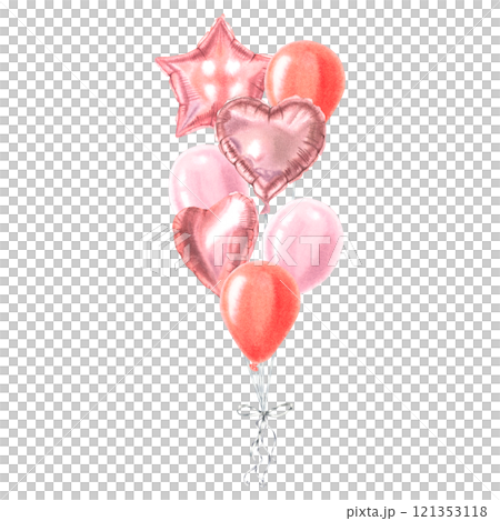 Fountain of birthday pink colored balloons. Hand drawn watercolor illustration of festive decoration on isolated background. Valentine's Day party decor for holiday invitation, posters or cards. 121353118