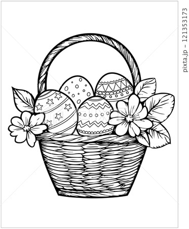 Colouring page Easter basket with eggs and flowers Colouring page Easter basket with eggs and flowers 121353173