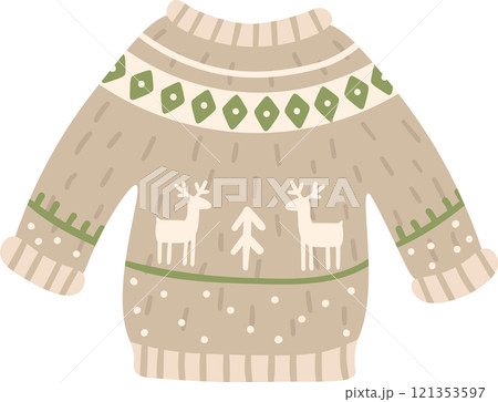 Warm beige christmas sweater with green and white reindeer and fir tree pattern, perfect for winter holidays and celebrations, bringing a festive and cozy atmosphere 121353597