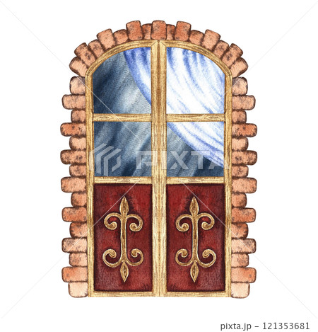 The door is made in Provence style. Hand-made watercolor illustration. Vintage, fabulous wooden door with curtains. Highlight it. A design element for homes, children's games, postcards, and decor. The door is made in Provence style. Hand-made watercolor illustration. Vintage, fabulous wooden door with curtains. Highlight it. A design element for homes, children's games, postcards, and decor. 121353681