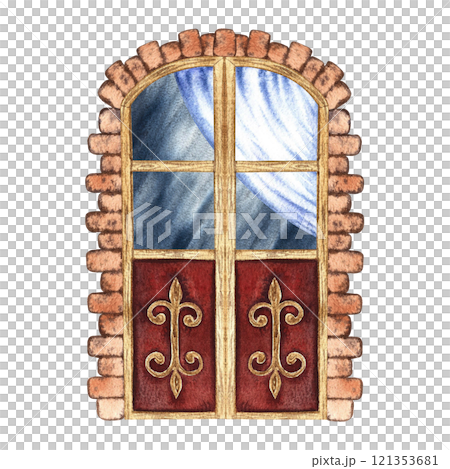 The door is made in Provence style. Hand-made watercolor illustration. Vintage, fabulous wooden door with curtains. Highlight it. A design element for homes, children's games, postcards, and decor. The door is made in Provence style. Hand-made watercolor illustration. Vintage, fabulous wooden door with curtains. Highlight it. A design element for homes, children's games, postcards, and decor. 121353681