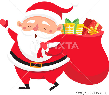 Santa Claus is depicted in a cheerful pose, waving with one hand while carrying a large red bag overflowing with colorful wrapped Christmas gifts, radiating the festive spirit of Christmas Santa Claus is depicted in a cheerful pose, waving with one hand while carrying a large red bag overflowing with colorful wrapped Christmas gifts, radiating the festive spirit of Christmas 121353694
