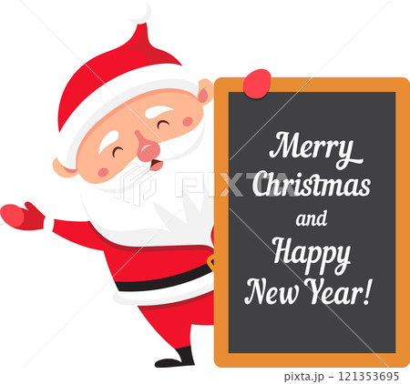 Cartoon Santa Claus joyfully displaying a blackboard featuring a cheerful Merry Christmas and Happy New Year message, perfect for a festive greeting card template Cartoon Santa Claus joyfully displaying a blackboard featuring a cheerful Merry Christmas and Happy New Year message, perfect for a festive greeting card template 121353695