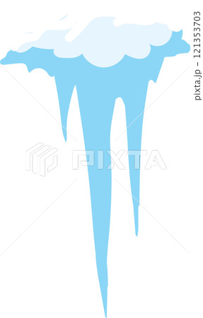 Pair of sharp icicles melting and dripping water from a layer of snow and ice hanging from a roof or eave during a winter thaw, isolated vector illustration 121353703
