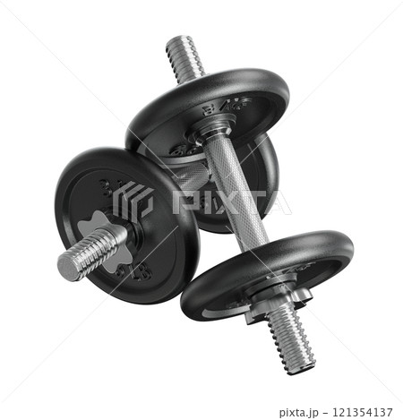 Pair of black adjustable dumbbells, weightlifting gym equipment, side view. Png clipart isolated on transparent background 121354137
