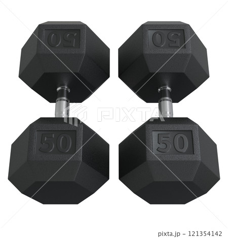 Hex Dumbbells with number 50, weightlifting gym equipment side view. Png clipart isolated on transparent background Hex Dumbbells with number 50, weightlifting gym equipment side view. Png clipart isolated on transparent background 121354142