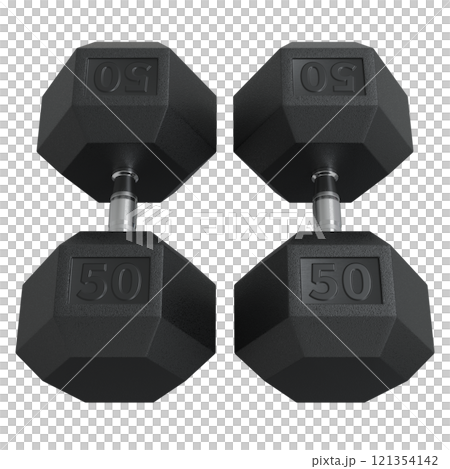 Hex Dumbbells with number 50, weightlifting gym equipment side view. Png clipart isolated on transparent background 121354142