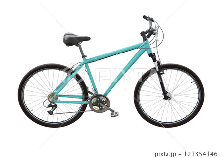 Blue teal bicycle, side view. Black leather saddle and handles. Png clipart isolated on transparent background 121354146