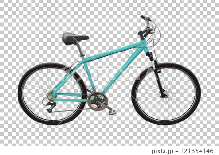 Blue teal bicycle, side view. Black leather saddle and handles. Png clipart isolated on transparent background 121354146