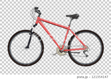 Red bicycle, side view. Black leather saddle and handles. Png clipart isolated on transparent background 121354147