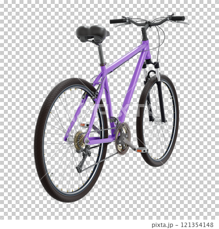 Purple bicycle, top back view. Black leather saddle and handles. Png clipart isolated on transparent background Purple bicycle, top back view. Black leather saddle and handles. Png clipart isolated on transparent background 121354148