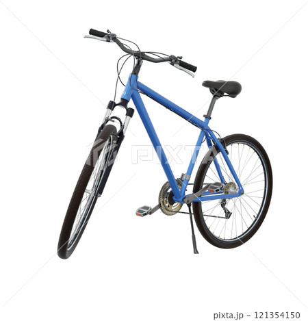 Blue bicycle standing while leaning on kickstand, side front view. Bike resting on kick stand. Png clipart isolated on transparent background Blue bicycle standing while leaning on kickstand, side front view. Bike resting on kick stand. Png clipart isolated on transparent background 121354150
