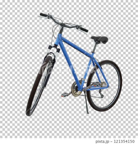 Blue bicycle standing while leaning on kickstand, side front view. Bike resting on kick stand. Png clipart isolated on transparent background 121354150