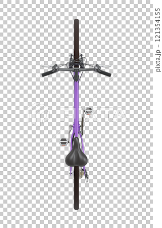 Purple bicycle, top view. Black leather saddle and handles. Png clipart isolated on transparent background 121354155