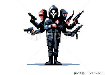 Fantasy character in masks and dark clothes on a white background in pixel style 121354298