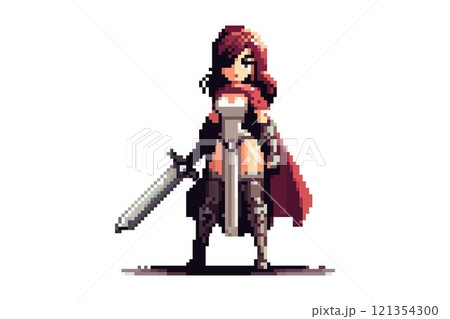 Fierce female warrior in exquisite armor, confident with a big sword on a white background, in pixel style 121354300