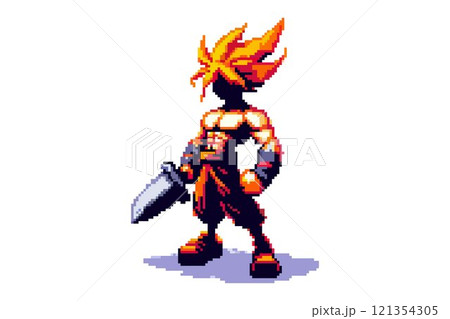 Pixel art character with spiky flame-like hair, holding a large sword, muscular build, boots, bright colors, dynamic pose Pixel art character with spiky flame-like hair, holding a large sword, muscular build, boots, bright colors, dynamic pose 121354305