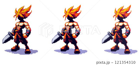 Pixel art character with spiky flame-like hair, holding a large sword, muscular build, boots, bright colors, dynamic pose Pixel art character with spiky flame-like hair, holding a large sword, muscular build, boots, bright colors, dynamic pose 121354310