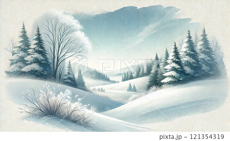 静寂な雪景色の丘と冬の木々【自然風景・冬のデザイン素材】 静寂な雪景色の丘と冬の木々【自然風景・冬のデザイン素材】 121354319