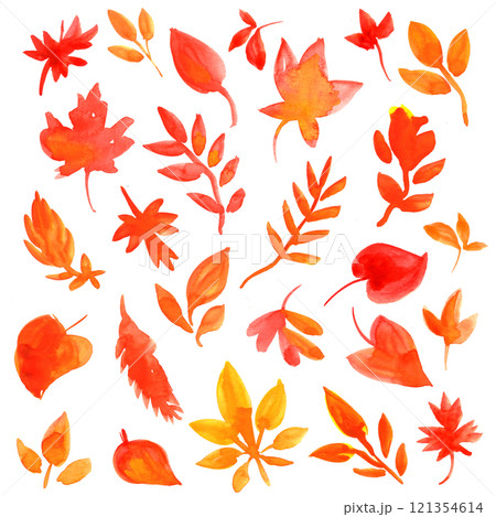 Drawing of autumn leaves with raw aquarelle technique. Set Drawing of autumn leaves with raw aquarelle technique. Set 121354614