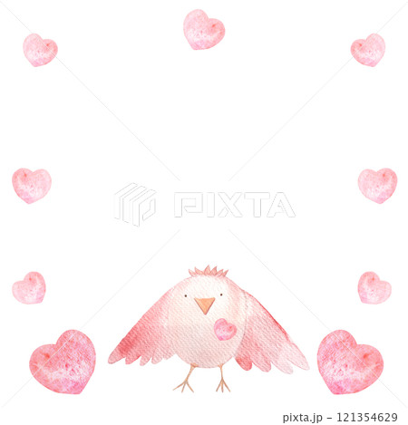 Cute bird standing among pink hearts hand painted watercolor frame isolated on white. High quality pink clip art in cartoon style great for children products, packages, St Valentine cards, stationary 121354629