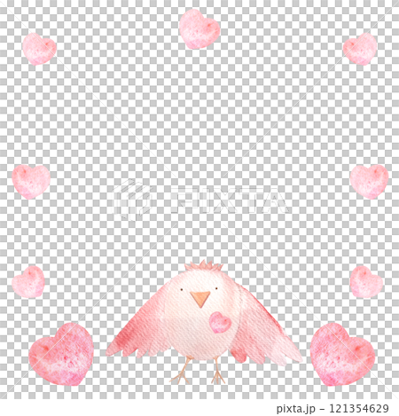Cute bird standing among pink hearts hand painted watercolor frame isolated on white. High quality pink clip art in cartoon style great for children products, packages, St Valentine cards, stationary 121354629