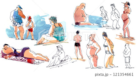 Watercolor painted people relaxing on the beach. Freehand sketch Watercolor painted people relaxing on the beach. Freehand sketch 121354661