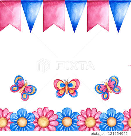 Seamless border with butterflies and flowers and garlands. Children's illustration. Handmade watercolor. For greeting cards and banners. For packaging children's goods, decorating children's parties. 121354943