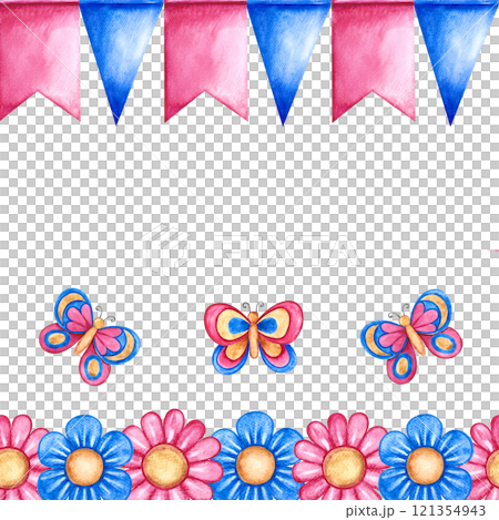 Seamless border with butterflies and flowers and garlands. Children's illustration. Handmade watercolor. For greeting cards and banners. For packaging children's goods, decorating children's parties. 121354943