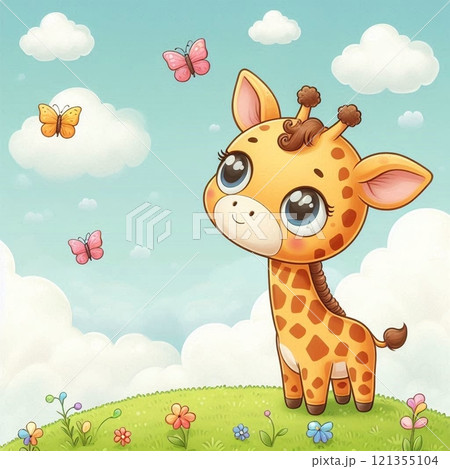日向ぼっこするかわいいキリン 121355104