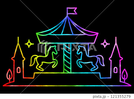 メルヘンチックなメリーゴーランドの虹色グラデーションの線画イラスト　黒背景の切り抜き 121355279