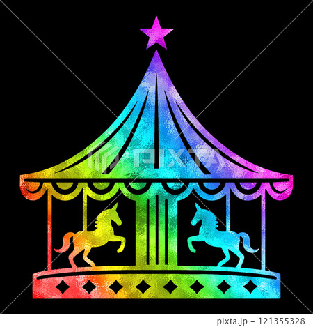 メルヘンチックなメリーゴーランドの虹色グラデーションのシルエットイラスト　黒背景の切り抜き 121355328