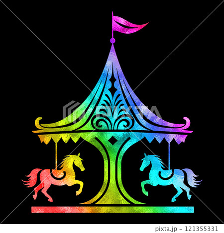 メルヘンチックなメリーゴーランドの虹色グラデーションのシルエットイラスト　黒背景の切り抜き 121355331