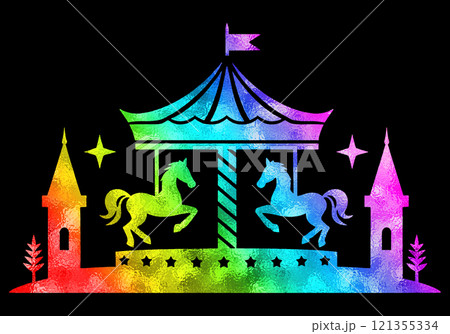 メルヘンチックなメリーゴーランドの虹色グラデーションのシルエットイラスト　黒背景の切り抜き 121355334