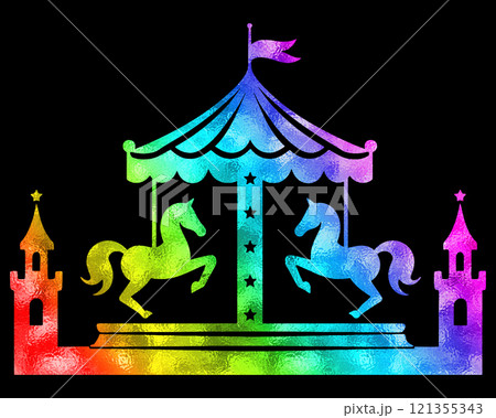 メルヘンチックなメリーゴーランドの虹色グラデーションのシルエットイラスト　黒背景の切り抜き 121355343
