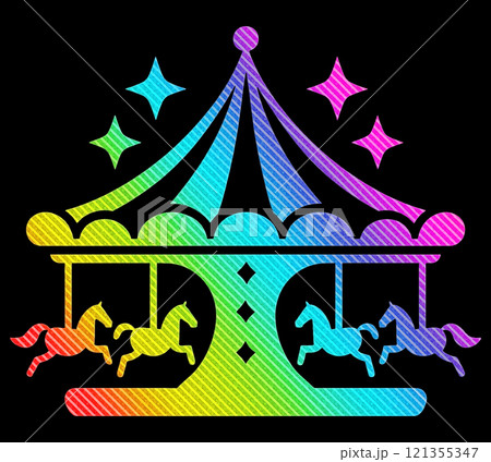 メルヘンチックなメリーゴーランドの虹色グラデーションのシルエットイラスト　黒背景の切り抜き 121355347