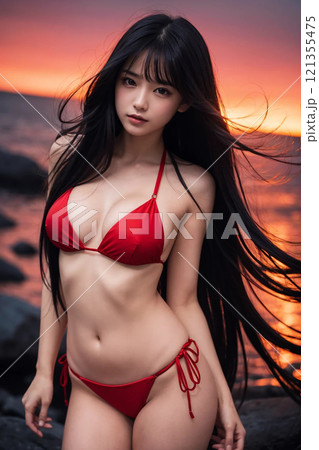 赤いビキニの美女 121355475