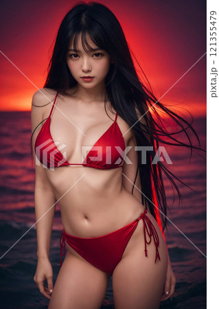 絵　手描き　ドローイング　赤いビキニ姿の女性 赤いビキニの美女のイラスト素材 [121355479] - PIXTA