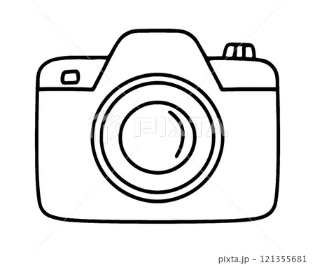 カメラのシンプルな手描き線画イラスト　透過背景の切り抜き 121355681