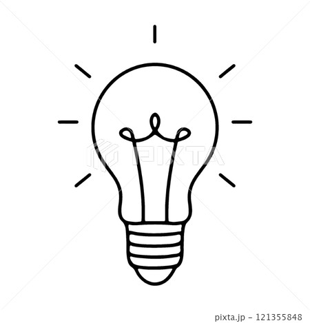 光る豆電球のシンプルな手描き線画イラスト　透過背景の切り抜き 121355848